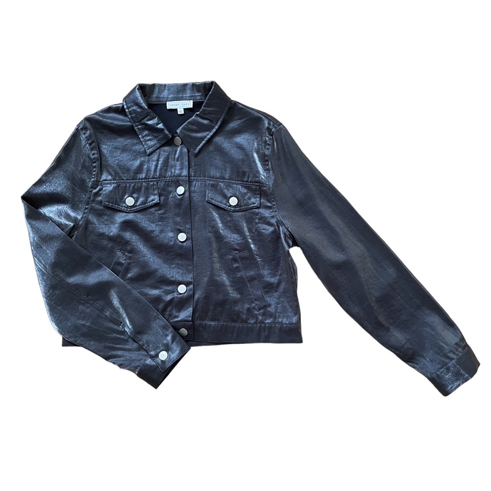 Gunmetal Iridescent Sheen Cropped Collared Button Up Jacket Large